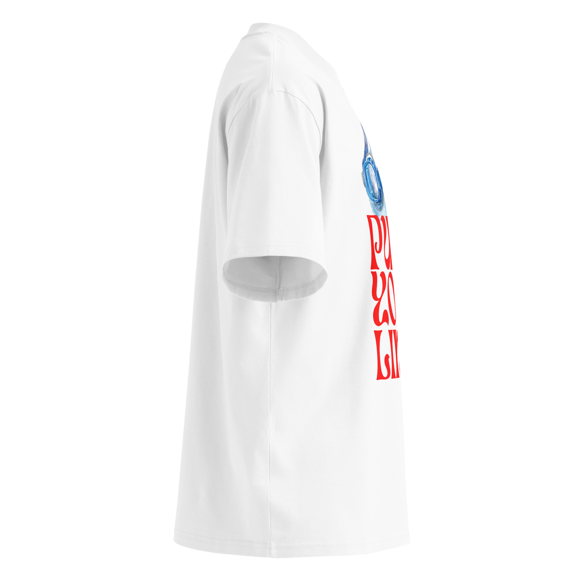 A white short-sleeve crewneck organic oversized t-shirt by Lane Line Threads featuring a graphic print of blue swim goggles above the text 'PUSH YOUR LIMIT' in a bold red retro font shown from the right side.