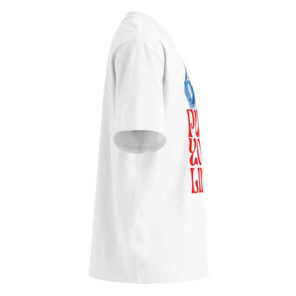 A white short-sleeve crewneck organic oversized t-shirt by Lane Line Threads featuring a graphic print of blue swim goggles above the text 'PUSH YOUR LIMIT' in a bold red retro font shown from the right side.