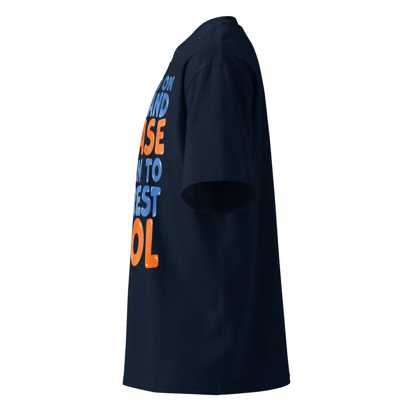 A navy blue short-sleeve organic oversized t-shirt shown from a left side profile view, featuring a large graphic text print on the back in orange and light blue.