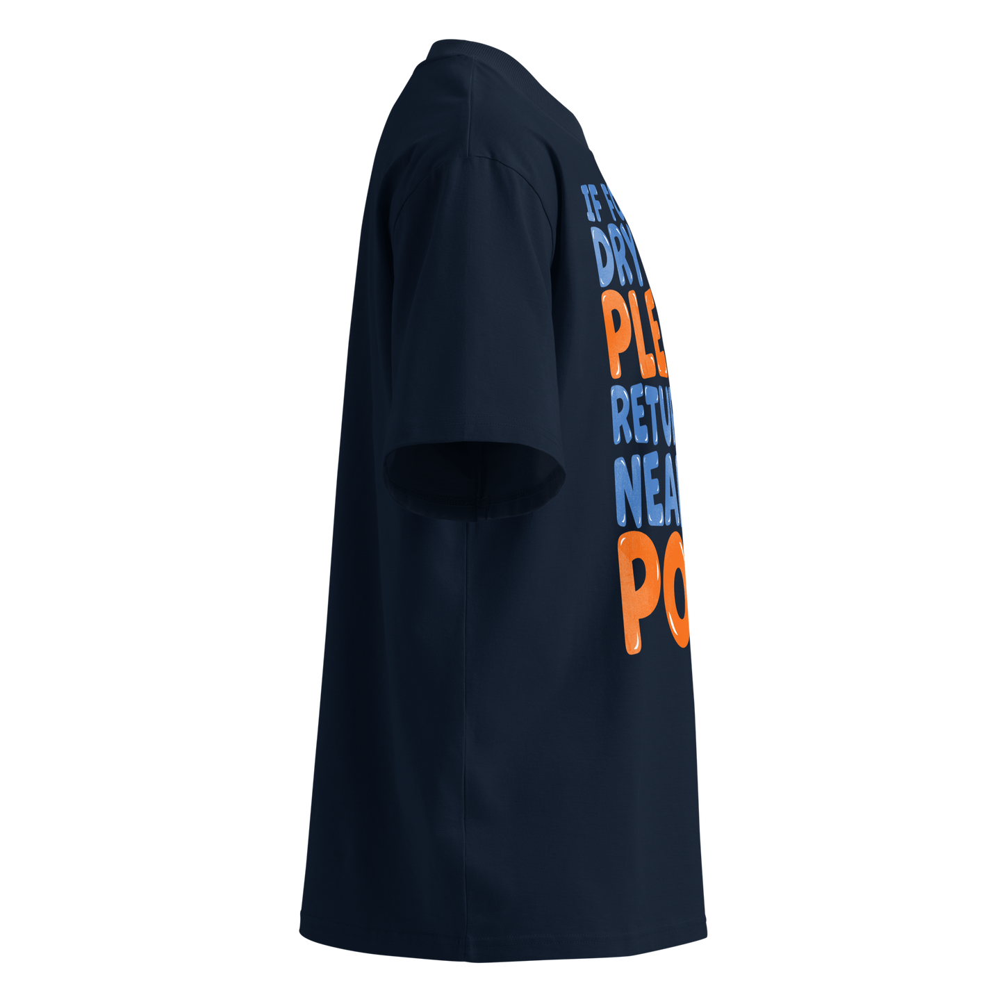 A navy blue short-sleeve organic oversized t-shirt shown from a side profile view, featuring a large graphic text print on the back in blue and orange.
