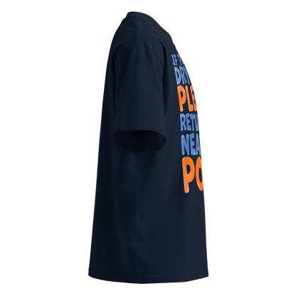 A navy blue short-sleeve organic oversized t-shirt shown from a side profile view, featuring a large graphic text print on the back in blue and orange.