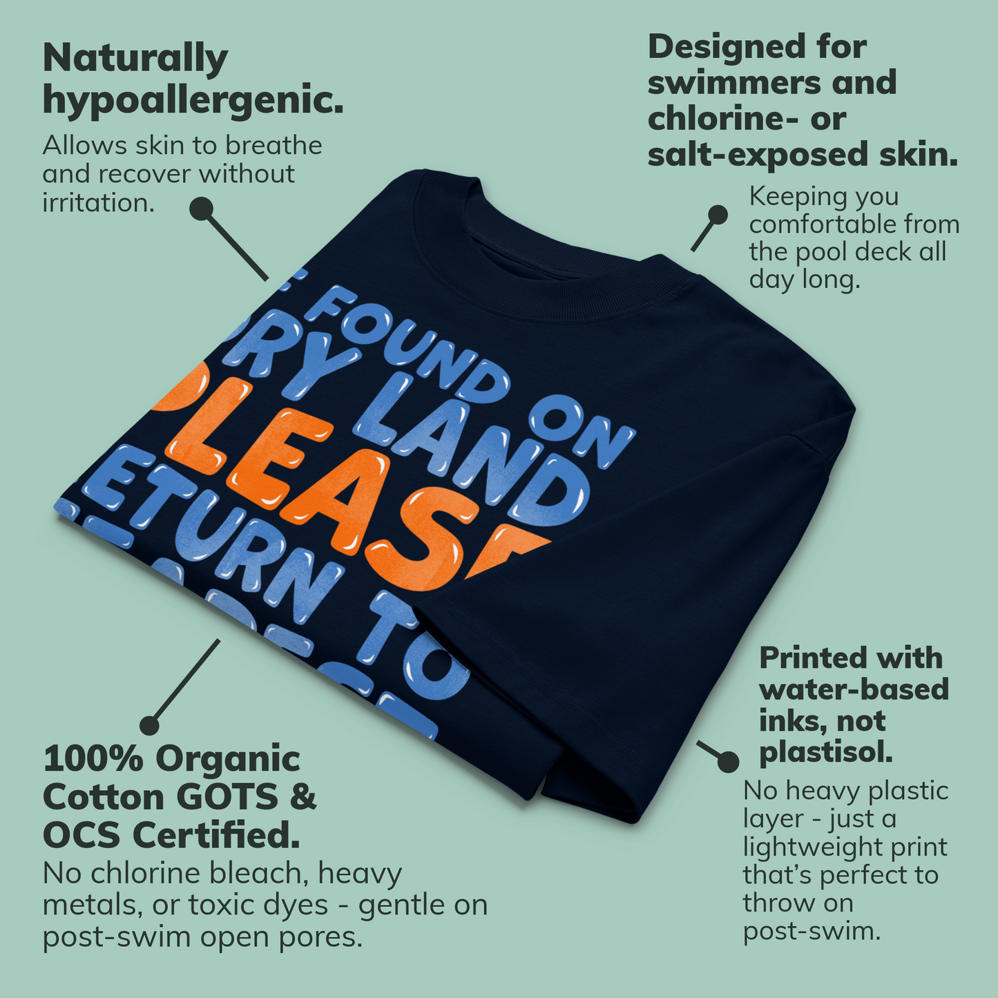 A navy blue organic oversized t-shirt with a colorful graphic print, surrounded by text callouts highlighting its hypoallergenic, chlorine-resistant, and eco-friendly properties on a light teal background.