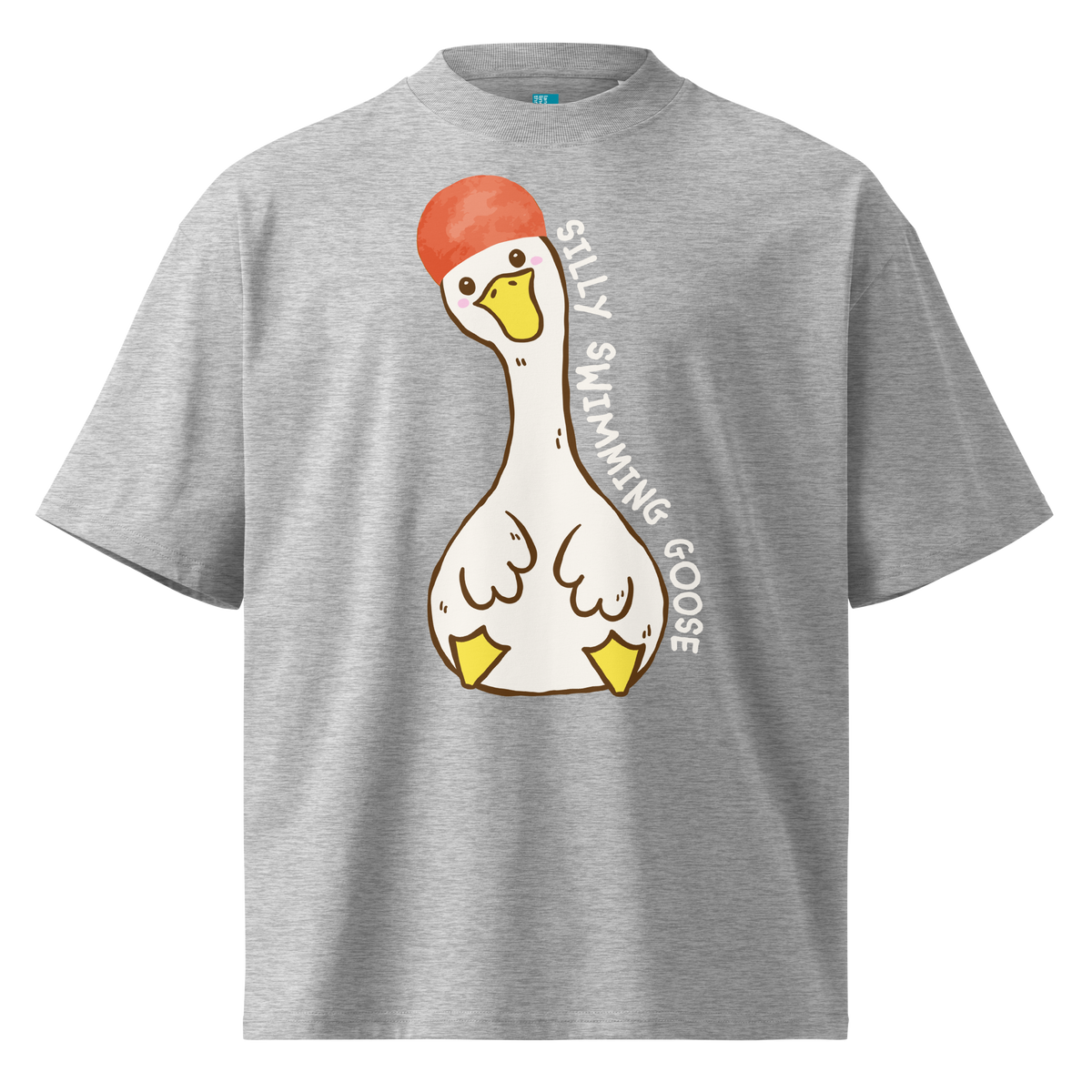 A heather gray short-sleeve organic oversized t-shirt by Lane Line Threads featuring a cartoon graphic of a white swimming goose wearing a red swim cap, with the text 'SILLY SWIMMING GOOSE' printed vertically alongside it.
