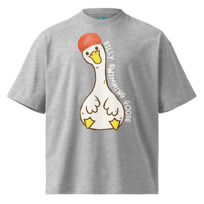A heather gray short-sleeve organic oversized t-shirt by Lane Line Threads featuring a cartoon graphic of a white swimming goose wearing a red swim cap, with the text 'SILLY SWIMMING GOOSE' printed vertically alongside it.