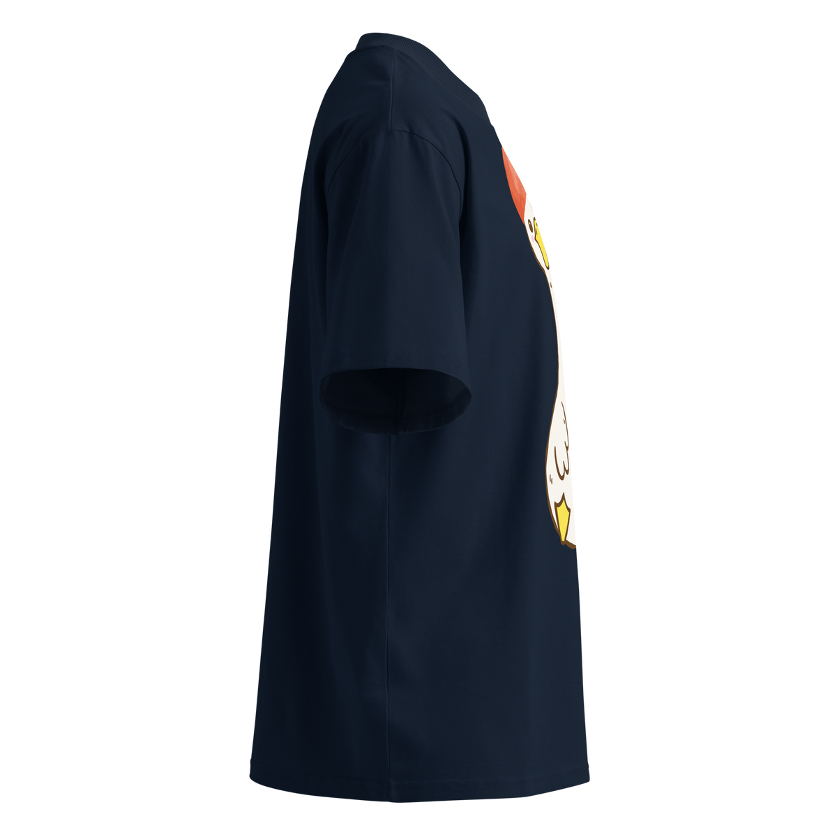 A navy blue short-sleeve organic oversized t-shirt by Lane Line Threads featuring a cartoon graphic of a white swimming goose wearing a red swim cap, with the text 'SILLY SWIMMING GOOSE' printed vertically alongside it, shown from the right side.