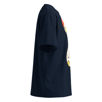 A navy blue short-sleeve organic oversized t-shirt by Lane Line Threads featuring a cartoon graphic of a white swimming goose wearing a red swim cap, with the text 'SILLY SWIMMING GOOSE' printed vertically alongside it, shown from the right side.