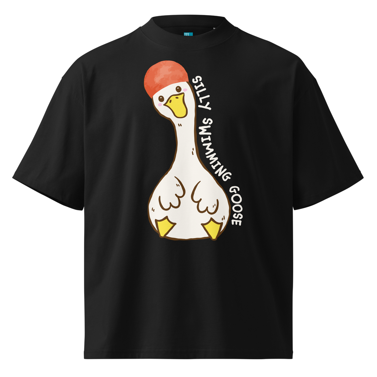 A black short-sleeve organic oversized t-shirt by Lane Line Threads featuring a cartoon graphic of a white swimming goose wearing a red swim cap, with the text 'SILLY SWIMMING GOOSE' printed vertically alongside it.