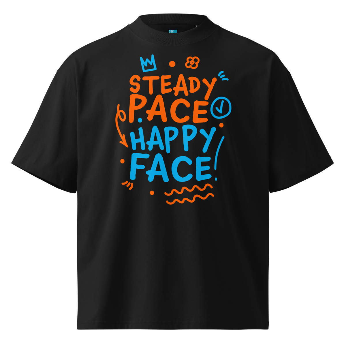 A black short-sleeve crewneck organic oversized t-shirt by Lane Line Threads featuring a colorful graphic print on the front with the words 'STEADY PACE HAPPY FACE' in orange and blue hand-drawn lettering.