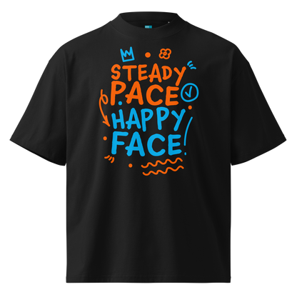A black short-sleeve crewneck organic oversized t-shirt by Lane Line Threads featuring a colorful graphic print on the front with the words 'STEADY PACE HAPPY FACE' in orange and blue hand-drawn lettering.