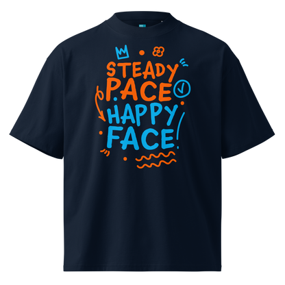 A navy short-sleeve crewneck organic oversized t-shirt by Lane Line Threads featuring a colorful graphic print on the front with the words 'STEADY PACE HAPPY FACE' in orange and blue hand-drawn lettering.