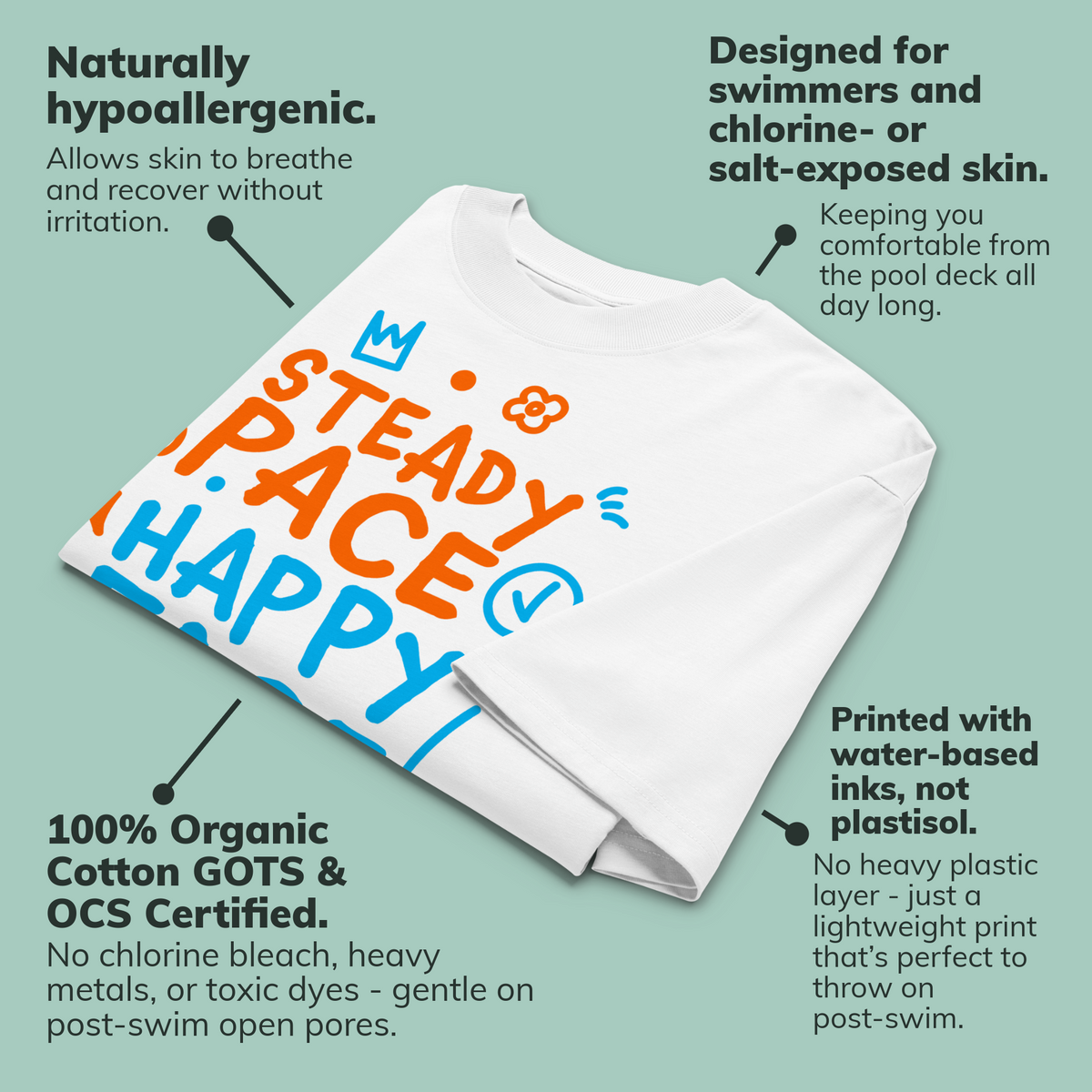 A white short-sleeve crewneck organic oversized t-shirt by Lane Line Threads featuring a colorful graphic print on the front with the words 'STEADY PACE HAPPY FACE' in orange and blue hand-drawn lettering laid flat on a pale green background with callout text describing its features. 