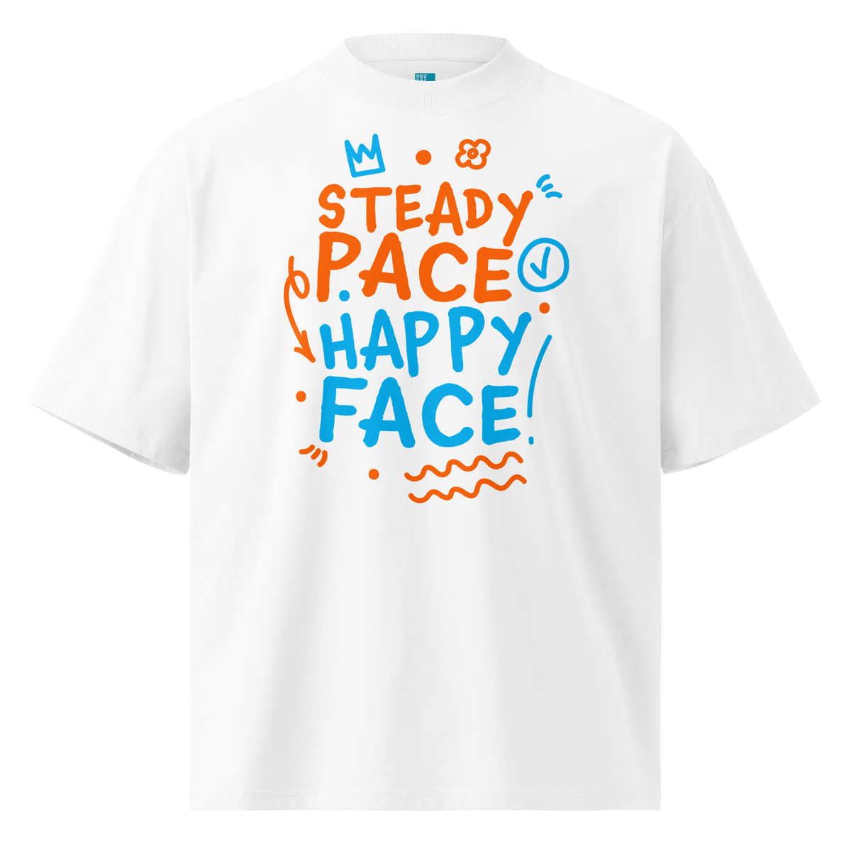 A white short-sleeve crewneck organic oversized t-shirt by Lane Line Threads featuring a colorful graphic print on the front with the words 'STEADY PACE HAPPY FACE' in orange and blue hand-drawn lettering.