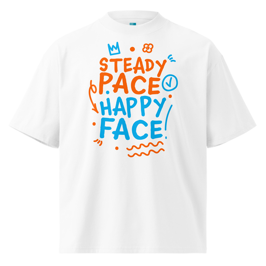 A white short-sleeve crewneck organic oversized t-shirt by Lane Line Threads featuring a colorful graphic print on the front with the words 'STEADY PACE HAPPY FACE' in orange and blue hand-drawn lettering.