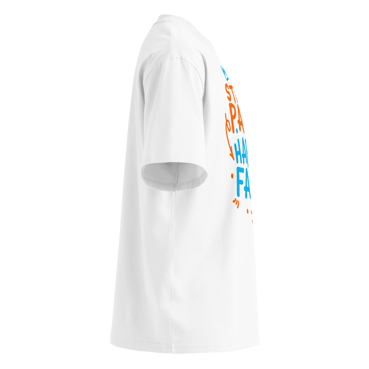A white short-sleeve crewneck organic oversized t-shirt by Lane Line Threads featuring a colorful graphic print on the front with the words 'STEADY PACE HAPPY FACE' in orange and blue hand-drawn lettering, shown from the right side.