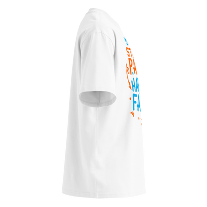 A white short-sleeve crewneck organic oversized t-shirt by Lane Line Threads featuring a colorful graphic print on the front with the words 'STEADY PACE HAPPY FACE' in orange and blue hand-drawn lettering, shown from the right side.