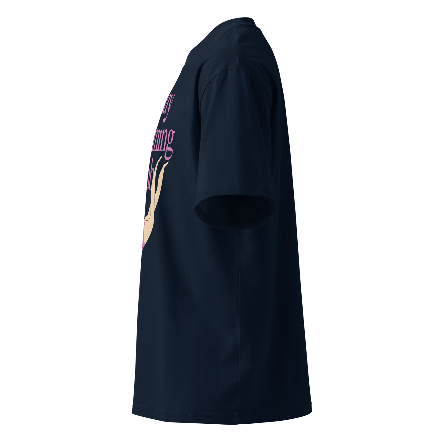 A navy blue short-sleeve organic oversized t-shirt shown from a left side profile view, featuring a graphic print on the front with purple text and a beige illustration.