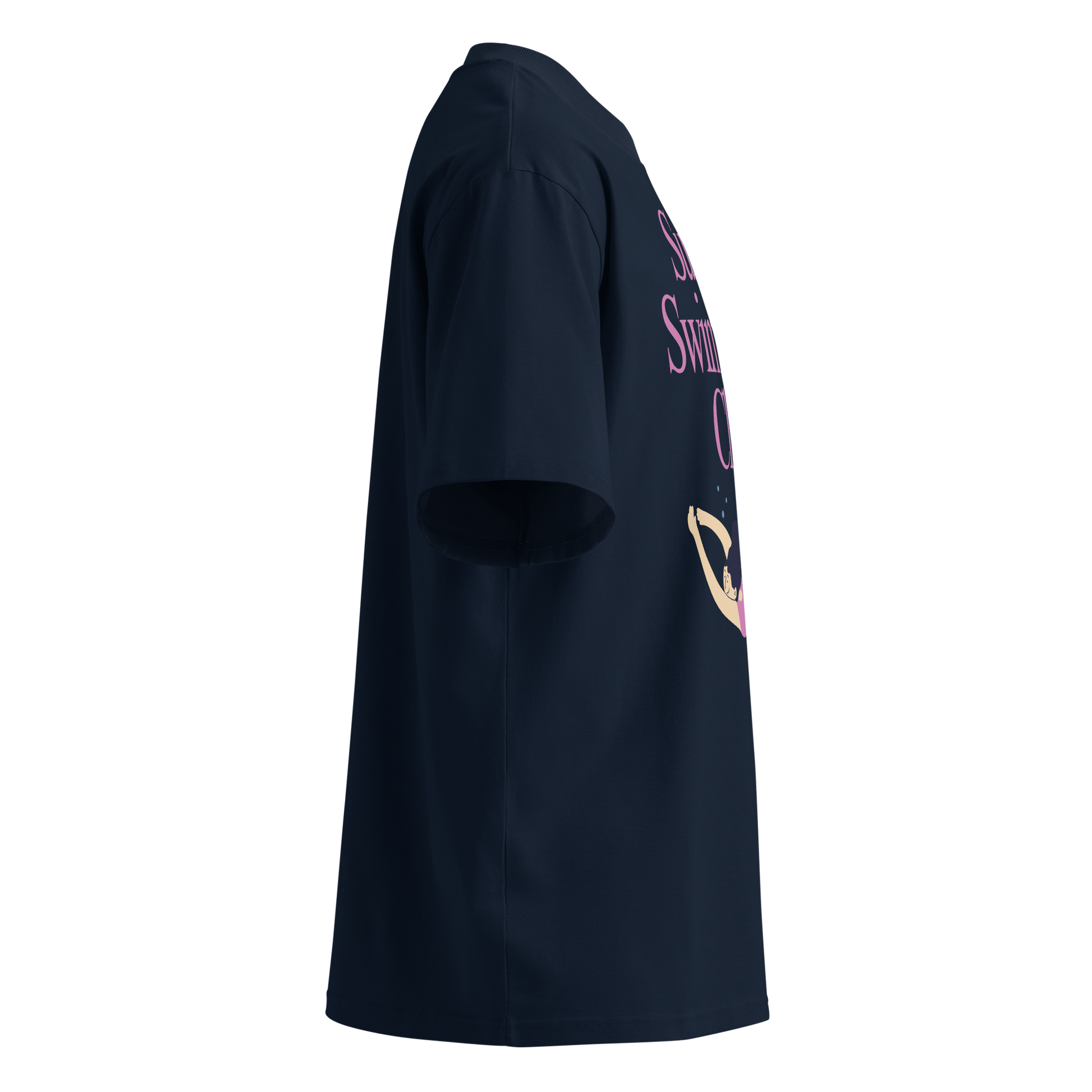 A navy blue short-sleeve organic oversized t-shirt shown from a right-side profile view, featuring a pink and gold graphic print on the front.