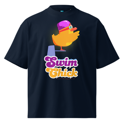 A navy short-sleeve crewneck organic oversized t-shirt by Lane Line Threads featuring a colorful graphic of a yellow duck wearing a purple swim cap and goggles, with the text 'Swim Chick' printed below in purple and orange.