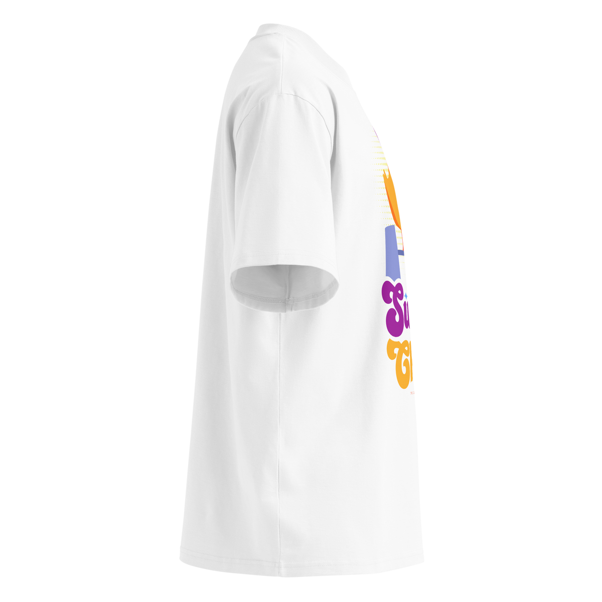 A white short-sleeve crewneck organic oversized t-shirt by Lane Line Threads featuring a colorful graphic of a yellow duck wearing a purple swim cap and goggles, with the text 'Swim Chick' printed below in purple and orange, shown from the right side.