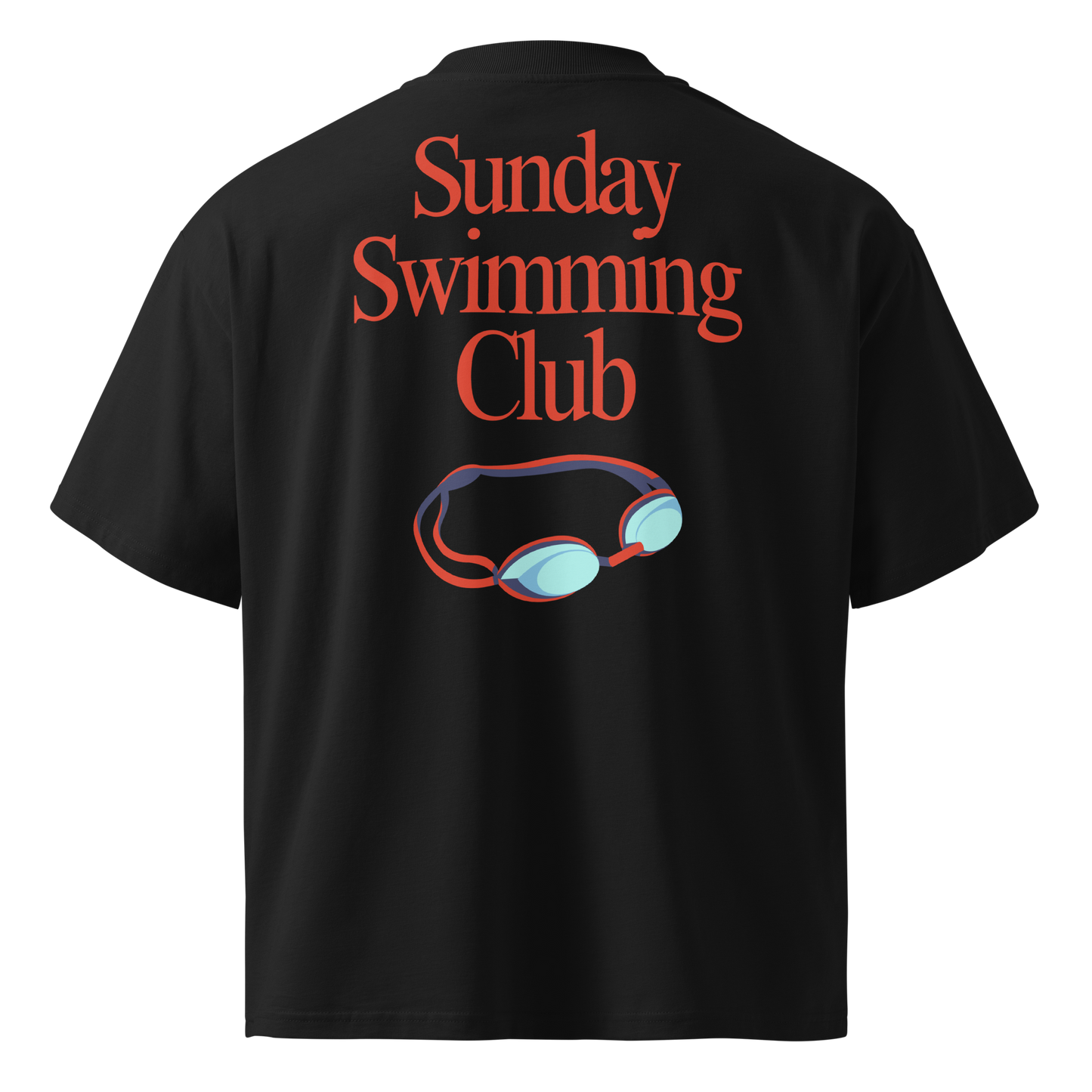 Organic oversized t-shirt in black with Sunday Swimming Club graphic and swim goggles design on the back