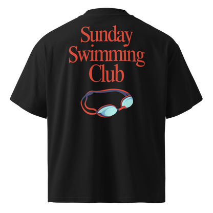 Organic oversized t-shirt in black with Sunday Swimming Club graphic and swim goggles design on the back