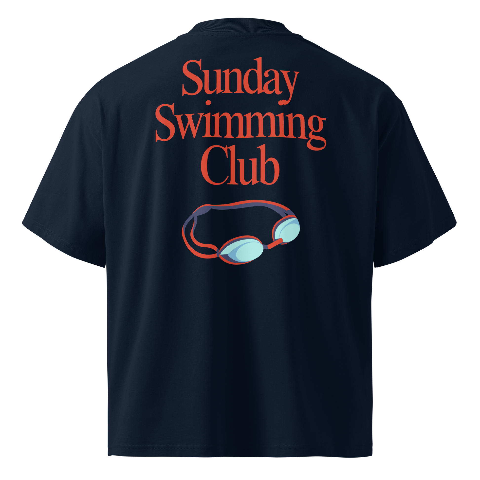 Organic oversized t-shirt in navy blue with Sunday Swimming Club graphic and swim goggles design on the back