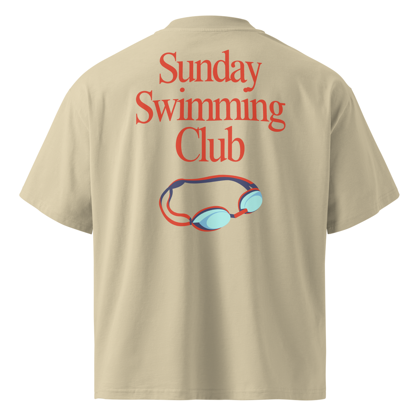Organic oversized t-shirt in beige with Sunday Swimming Club graphic and swim goggles design on the back