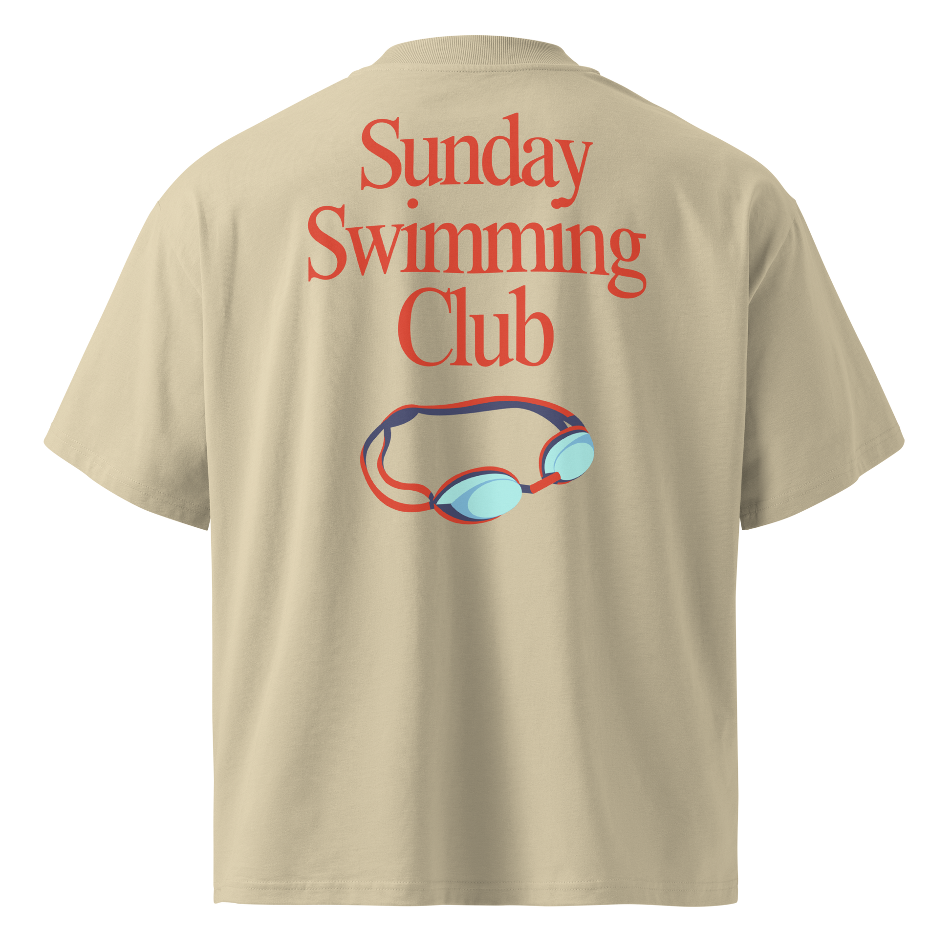Organic oversized t-shirt in beige with Sunday Swimming Club graphic and swim goggles design on the back