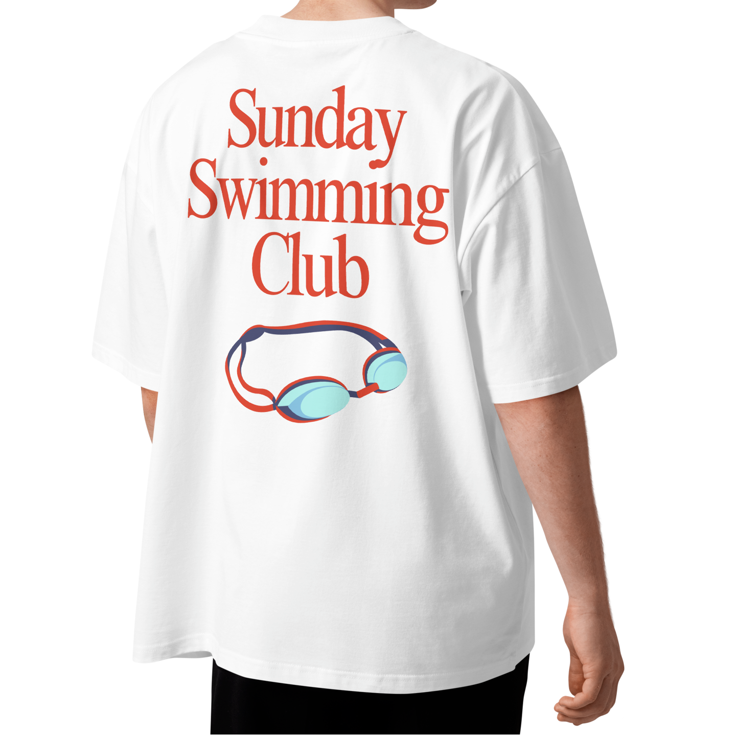 A person shown from the back wearing a white organic oversized t-shirt with a red 'Sunday Swimming Club' text graphic and a small red-and-blue swim goggles illustration on the back.