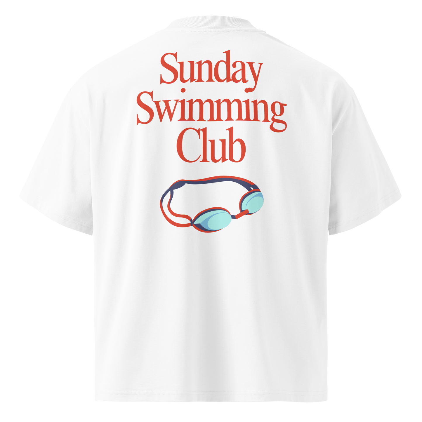 Organic oversized t-shirt in white with Sunday Swimming Club graphic and swim goggles design on the back