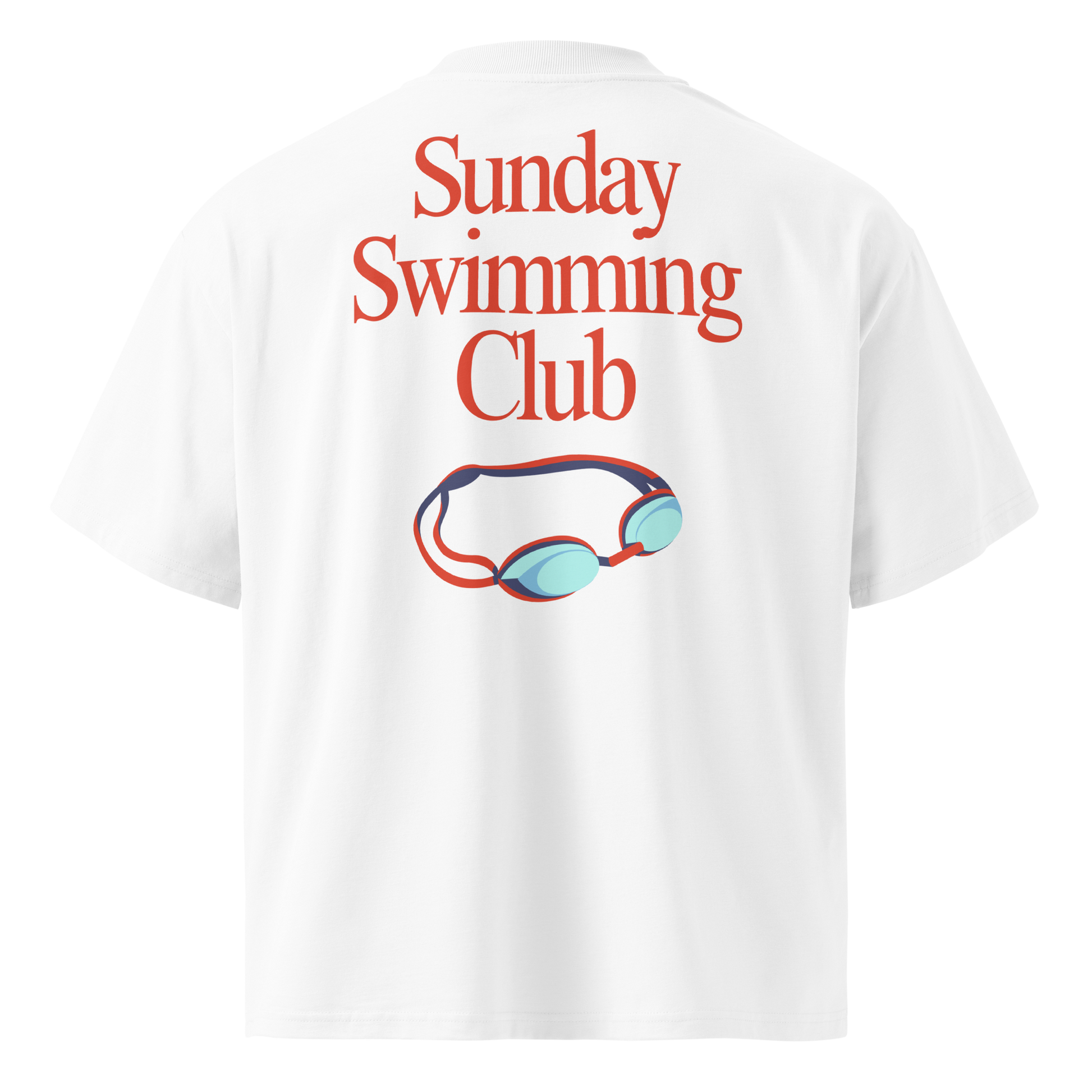 Organic oversized t-shirt in white with Sunday Swimming Club graphic and swim goggles design on the back