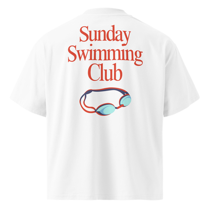 Organic oversized t-shirt in white with Sunday Swimming Club graphic and swim goggles design on the back
