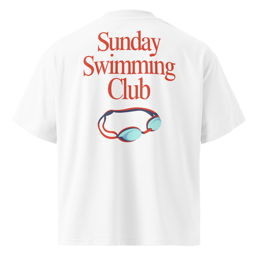 Organic oversized t-shirt in white with Sunday Swimming Club graphic and swim goggles design on the back