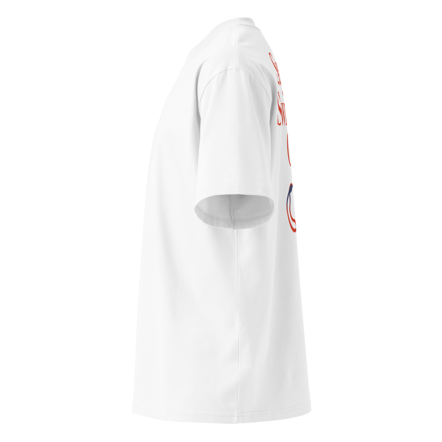 Organic oversized t-shirt in white with Sunday Swimming Club graphic and swim goggles design on the back shown from the left side