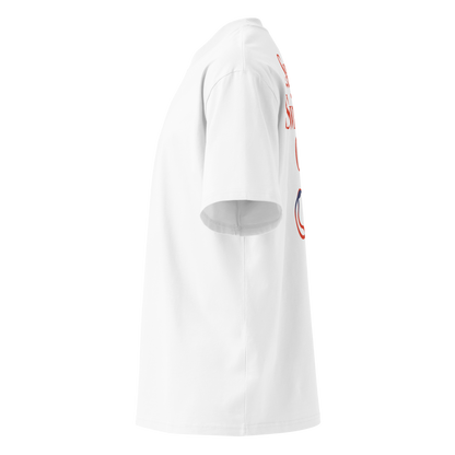 Organic oversized t-shirt in white with Sunday Swimming Club graphic and swim goggles design on the back shown from the left side