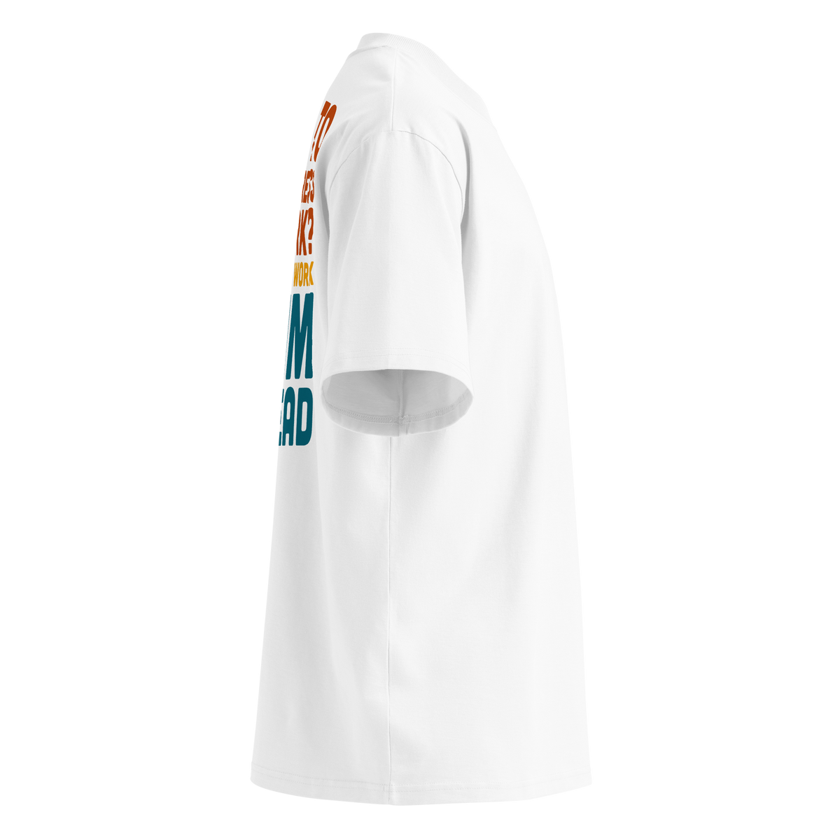 White short-sleeve organic oversized t-shirt by Lane Line Threads, featuring a bold typographic graphic in orange, yellow, and teal that reads, 'HOW TO AVOID STRESS AT WORK? DON'T GO TO WORK SWIM INSTEAD', shown from the right side.