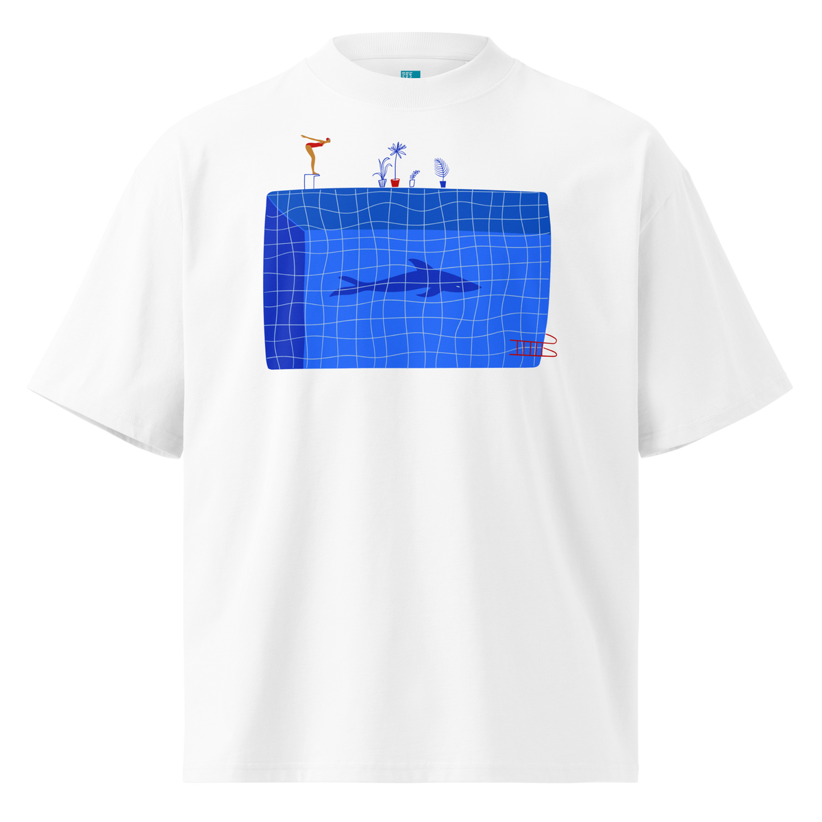 A white short-sleeve crewneck organic oversized t-shirt by Lane Line Threads for swimmers featuring a graphic print of a blue swimming pool with a diving board, a diver, plants, and a shark on the front.