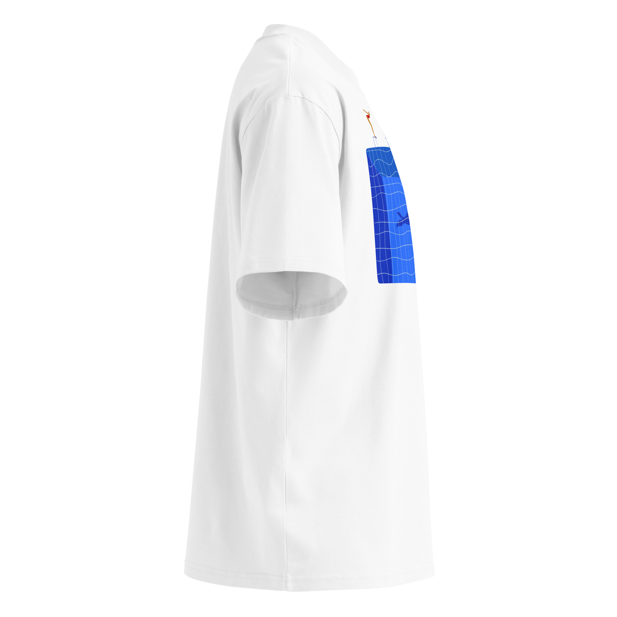 A white short-sleeve crewneck organic oversized t-shirt by Lane Line Threads for swimmers featuring a graphic print of a blue swimming pool with a diving board, a diver, plants, and a shark on the front, shown from the right side.
