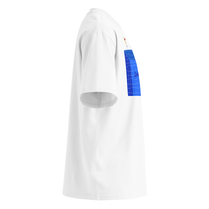 A white short-sleeve crewneck organic oversized t-shirt by Lane Line Threads for swimmers featuring a graphic print of a blue swimming pool with a diving board, a diver, plants, and a shark on the front, shown from the right side.