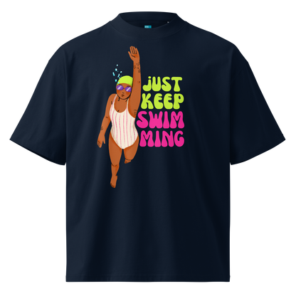 Organic oversized t-shirt in French Navy with colorful Just Keep Swimming swimmer girl graphic