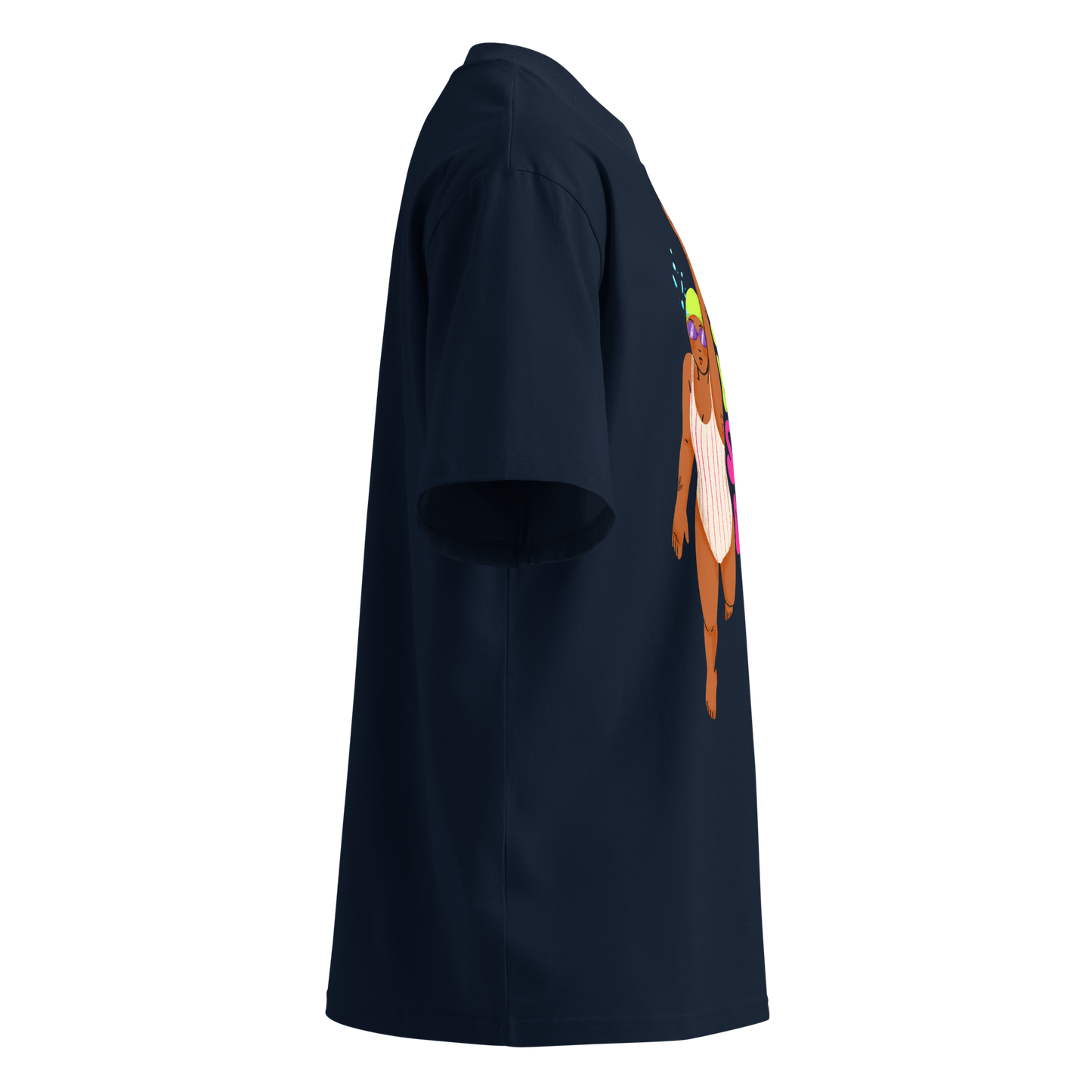 Organic oversized t-shirt in French Navy with colorful Just Keep Swimming swimmer graphic shown from a side profile view.