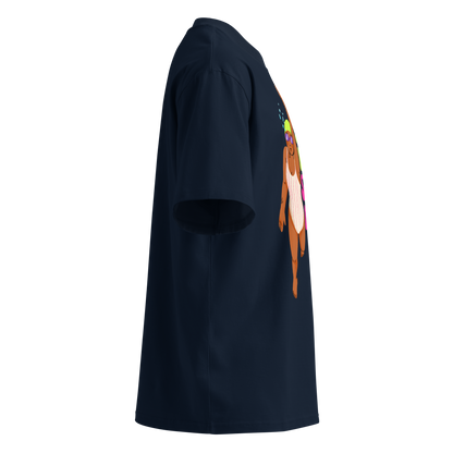 Organic oversized t-shirt in French Navy with colorful Just Keep Swimming swimmer graphic shown from a side profile view.