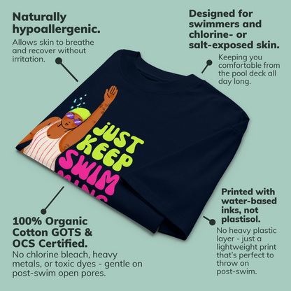 A navy blue organic oversized t-shirt with a colorful 'JUST KEEP SWIMMING' graphic, presented on a light teal background with descriptive callout text and arrows.