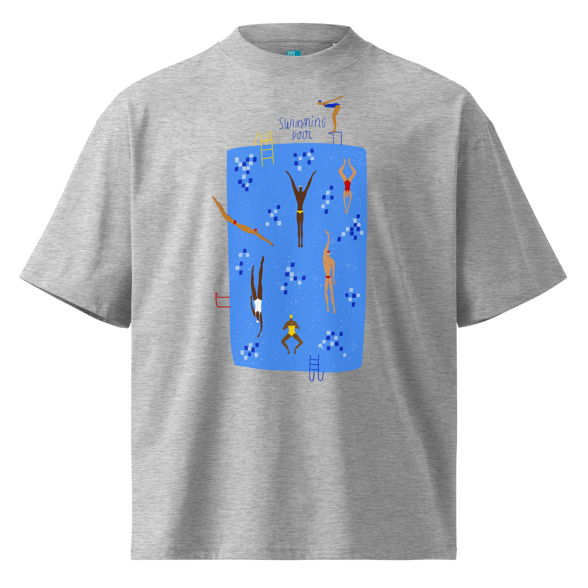 A gray short-sleeve crewneck organic oversized t-shirt by Lane Line Threads featuring a colorful graphic print of a swimming pool with various stylized swimmers and divers on a clean background.