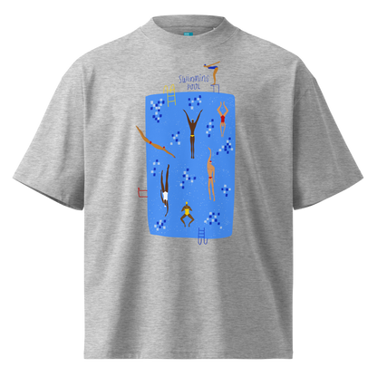 A gray short-sleeve crewneck organic oversized t-shirt by Lane Line Threads featuring a colorful graphic print of a swimming pool with various stylized swimmers and divers on a clean background.