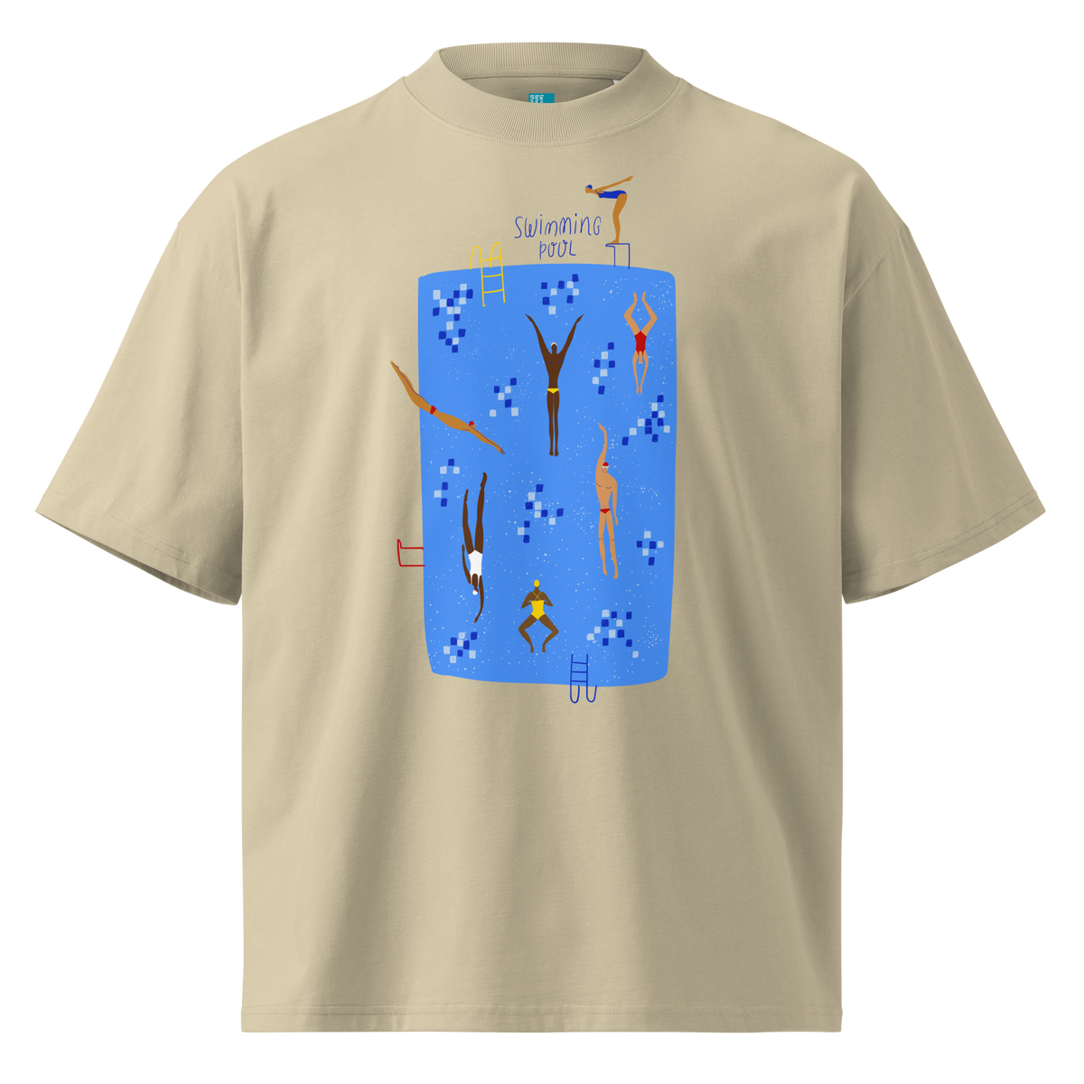 A beige short-sleeve crewneck organic oversized t-shirt by Lane Line Threads featuring a colorful graphic print of a swimming pool with various stylized swimmers and divers on a clean background.