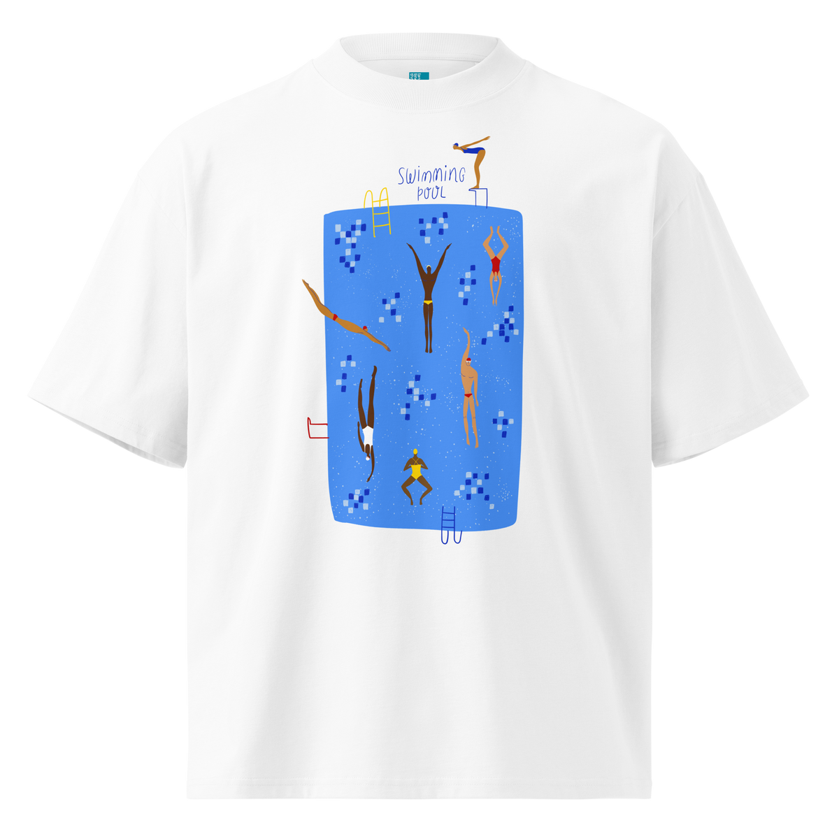 A white short-sleeve crewneck organic oversized t-shirt by Lane Line Threads featuring a colorful graphic print of a swimming pool with various stylized swimmers and divers on a clean background.