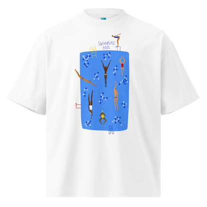 A white short-sleeve crewneck organic oversized t-shirt by Lane Line Threads featuring a colorful graphic print of a swimming pool with various stylized swimmers and divers on a clean background.