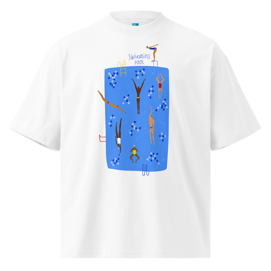A white short-sleeve crewneck organic oversized t-shirt by Lane Line Threads featuring a colorful graphic print of a swimming pool with various stylized swimmers and divers on a clean background.