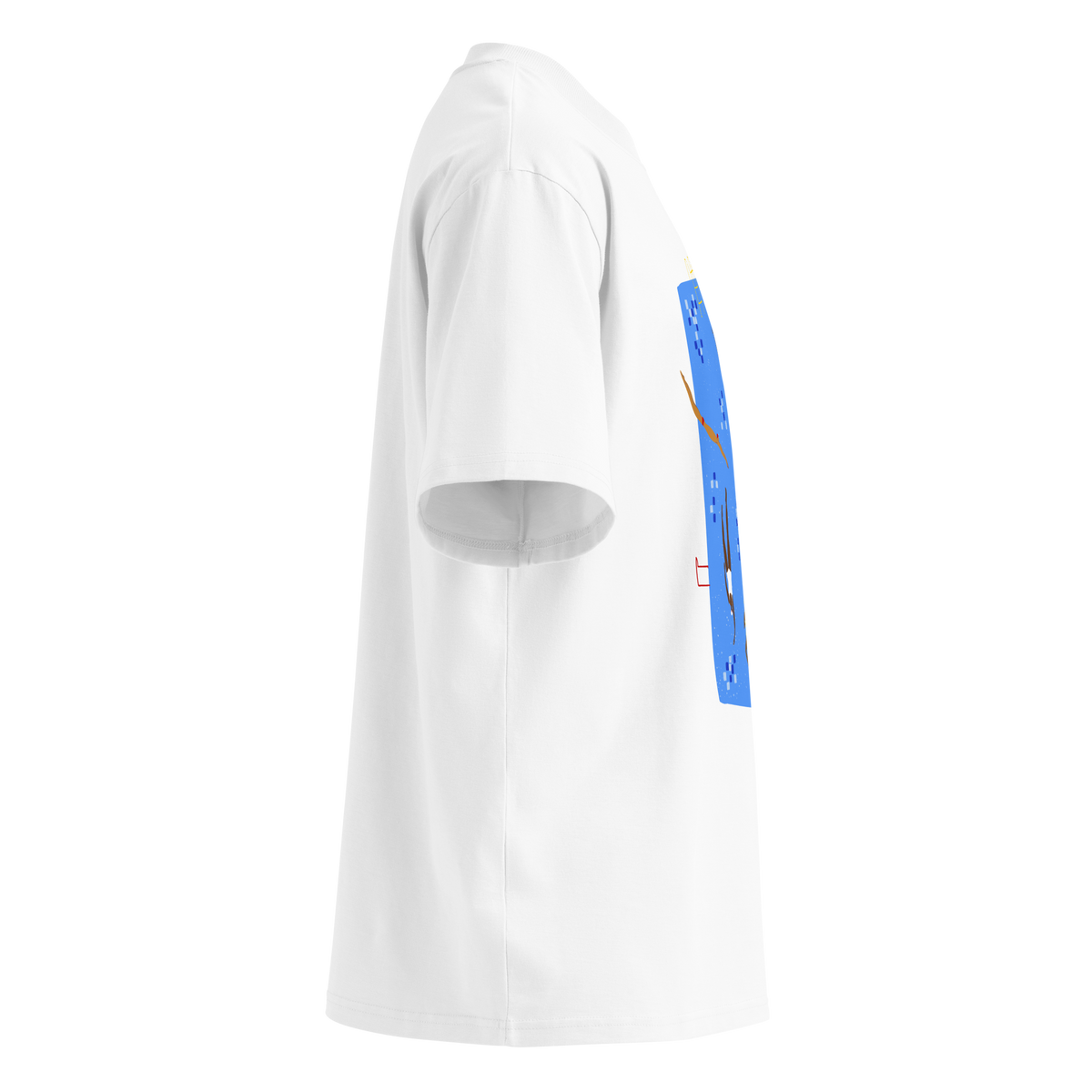 A white short-sleeve crewneck organic oversized t-shirt by Lane Line Threads featuring a colorful graphic print of a swimming pool with various stylized swimmers and divers on a clean background, shown from the right side.